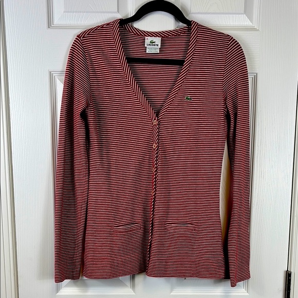 Lacoste red and white striped cardigan sz 36 - Picture 1 of 8